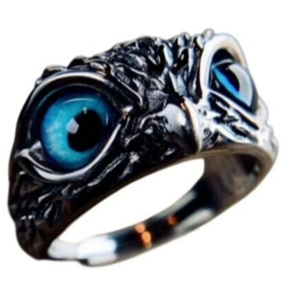 Silver Stainless Steel Blue Eye Owl Statement Ring Nickel Free Halo Vintage Y2K